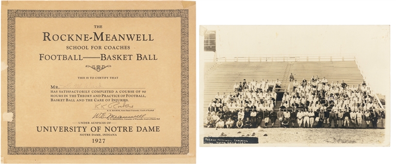 1927 Knute Rockne & Doc Meanwell Signed Notre Dame University Certificate & Class Photo (JSA)